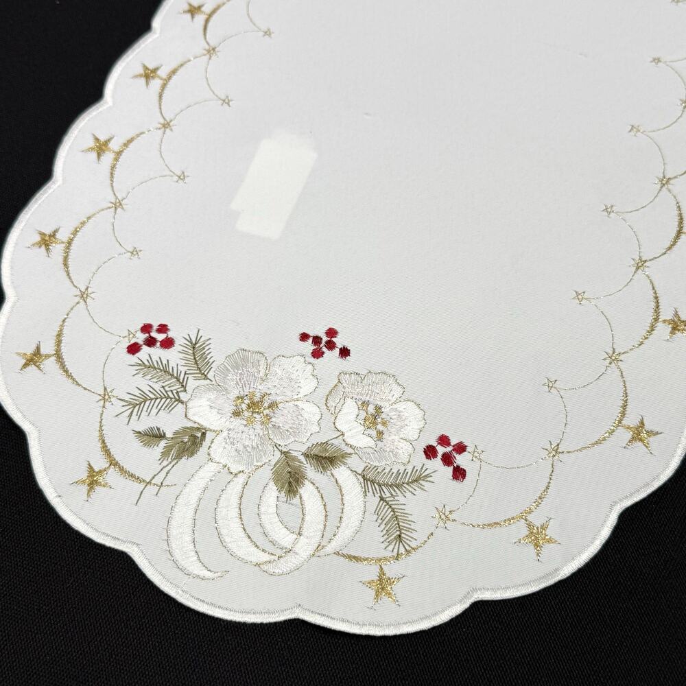German Embroidered Christmas Table Runner Mat Flowers 11x18 Metallic Gold Thread